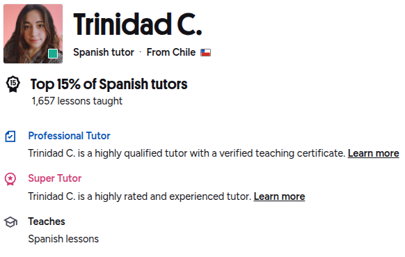 Trini's Preply profile showing her tutor photo and qualifications