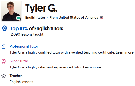 Tyler's Preply profile showing his tutor photo and qualifications